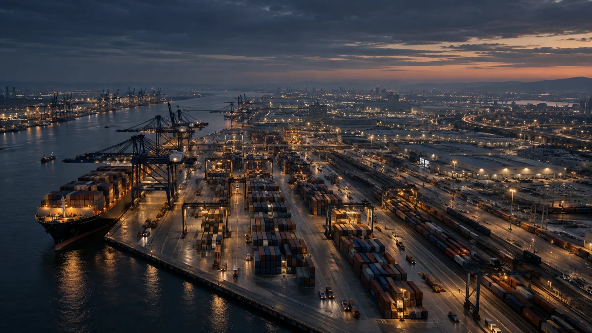 Illustrative aerial view of connected port, logistics, and industrial infrastructure at dusk