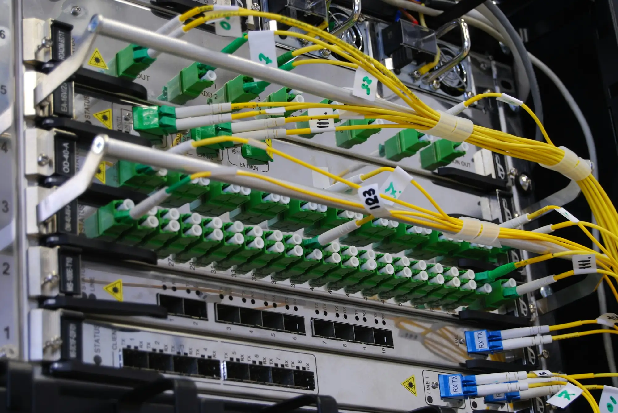 Fibre-optic cables connected to a network switch